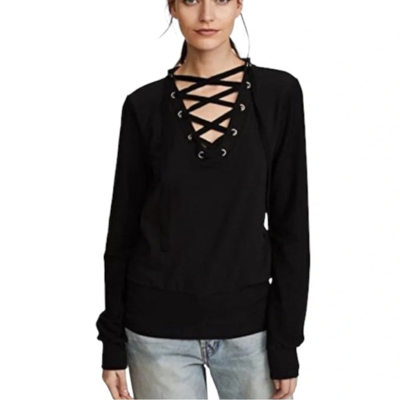 L’AGENCE Top Josilyn Lace Up Terry Sweatshirt Black Size Small - Picture 1 of 6